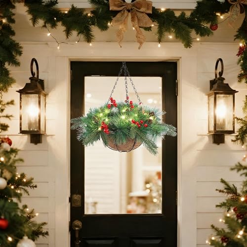 Pre-Lit Artificial Christmas Hanging Basket with LED Lights and Timer