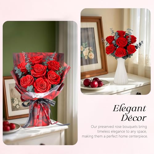 Preserved Red Rose Bouquet with Vase, 7 Real Roses for Anniversary Gift