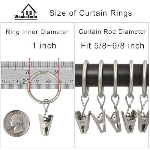 Matte Silver Curtain Rings with Clips (44 Pack) - 1-Inch ID Drapery Rings