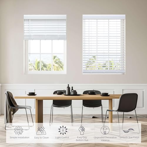 Cordless Faux Wood Blinds - White 20" W x 36" H, Flush Mount