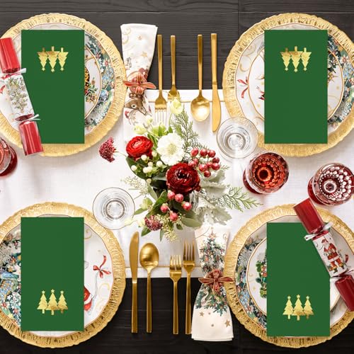 Horaldaily 100Pcs Christmas Napkins 4.3x7.9in Green Gold Foil Trees, 2-Ply