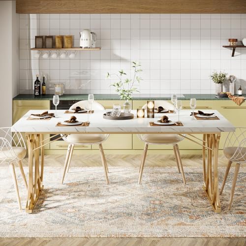 63-Inch Modern Rectangular Dining Table, White Faux Marble and Gold Legs