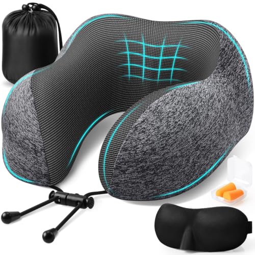 ExploreBliss Memory Foam Travel Neck Pillow Set with Eye Mask & Earplugs - Grey