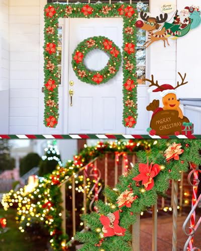 9ft Pre-Lit Christmas Garland with LED Lights, Red Flowers & Berries, Indoor Outdoor Holiday Decor