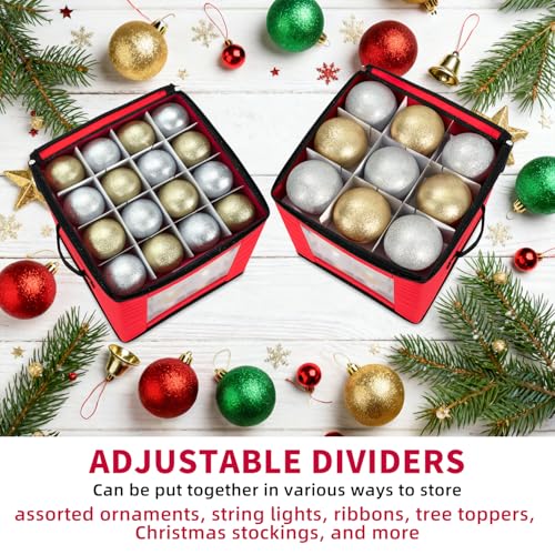 Christmas Ornament Storage Box Holds 64 Holiday Decorations Red with Adjustable Dividers