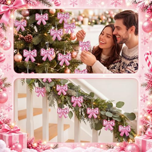 Sosation Pink Bow Christmas Ornaments Set - 12 Shimmering Holiday Decorations
