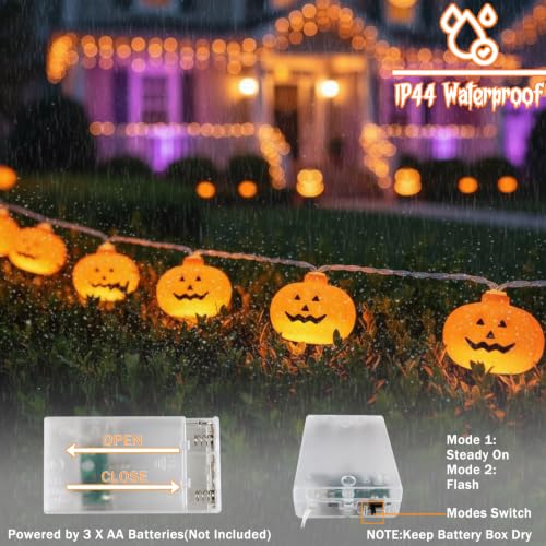 Halloween Pumpkin String Lights - 10ft 20 LED Battery Operated Jack-O-Lantern