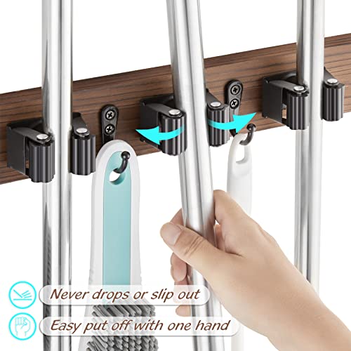 Rustic Wood Mop and Broom Holder Wall Mount with 4 Slots and 4 Hooks