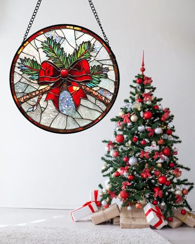 DASTOLL Christmas Pine Bow Stained Glass Window Suncatcher 7.8" Red & Green