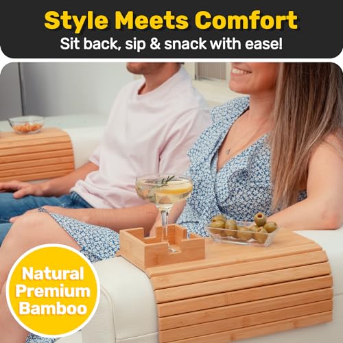 Bamboo Sofa Armrest Tray with Cup Holder for Couch and Recliner