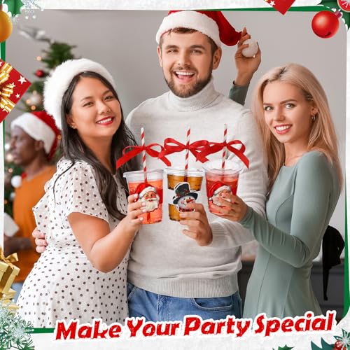 Christmas Plastic Cups Bulk 60 Pcs with Lids & Straws - Santa & Snowman Theme