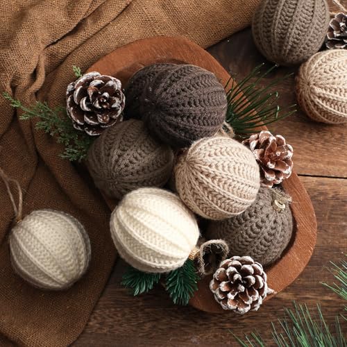 VioraWhite 12 Pack Neutral Christmas Crochet Ball Ornaments 2.36 Inch - Light Beige, Tan, Brown, White