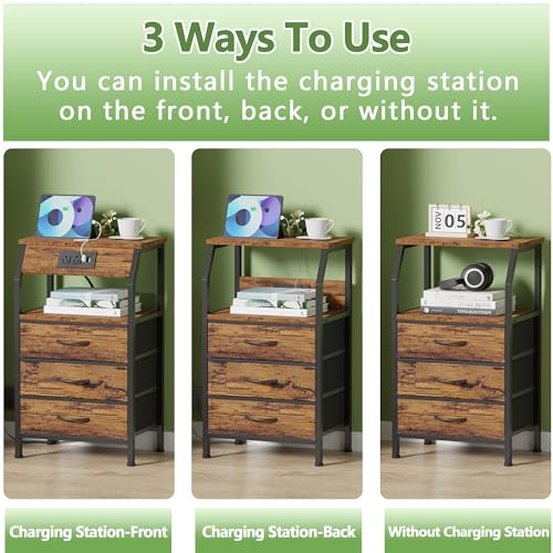 Nightstand with Charging Station and 3 Fabric Drawers, Rustic Side Table