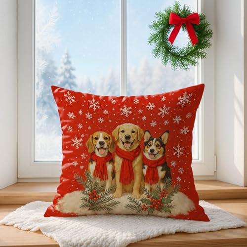 IVN Christmas Dog Trio Pillow Covers 18x18 Inch Set of 2 - Retrievers Holiday Decor