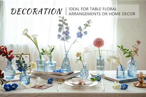Blue Glass Bud Vases Set of 16 - Vintage Mini Flower Vases for Centerpieces