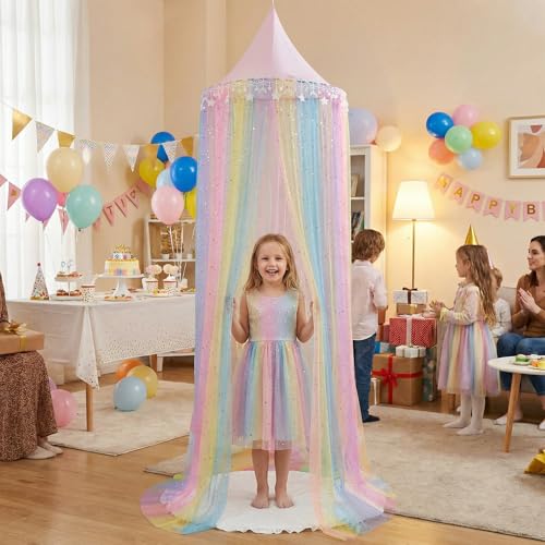 Rainbow Bed Canopy for Girls - Glitter Star & Moon Princess Bed Curtain