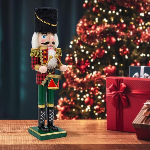14-Inch Wooden Nutcracker Drummer Figure - Handcrafted Christmas Decor