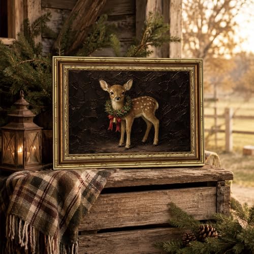 Christmas Deer Wreath Wall Art - Framed Spotted Fawn 16" x 12"