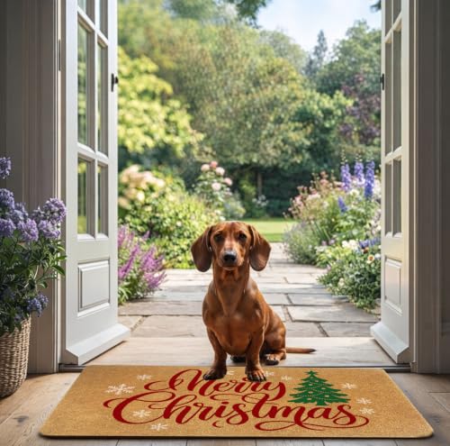 Merry Christmas Tree Door Mat - Holiday Coir Doormat with Snowflakes