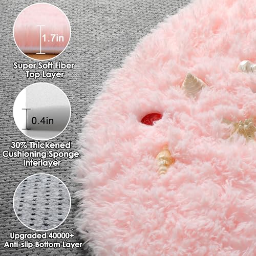 Soft Fluffy Round Area Rug (4ft) - Light Pink Non-Slip Plush Carpet