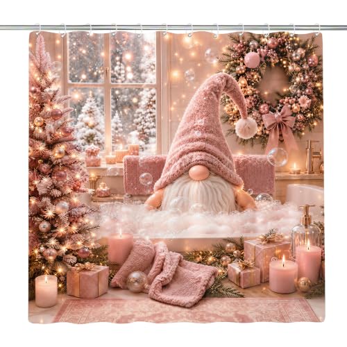Romart Pink Christmas Gnome Shower Curtain 72x72 Inch - Holiday Bathroom Decor