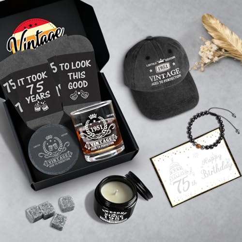 75th Birthday Gift Set for Men Whiskey Glass Socks Hat Candles & More