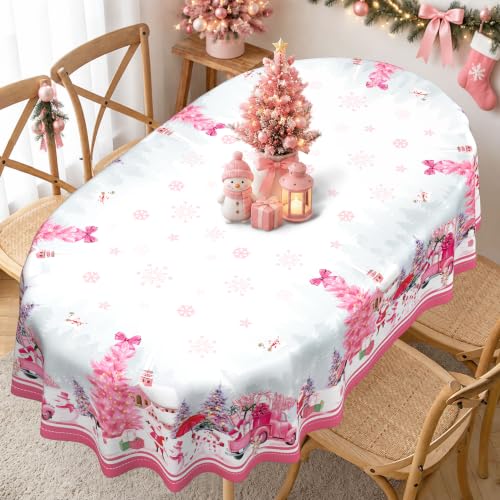 Pink Christmas Oval Tablecloth 60x120 Inches with Snowman Santa Truck Decor