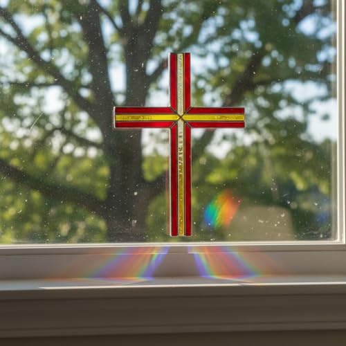 Hanabrook Handcrafted Stained Glass Suncatcher - Religious Cross Decor 11in