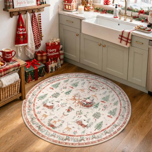 Lahome 4ft Round Christmas Rug - Reindeer Sleigh Design, Beige