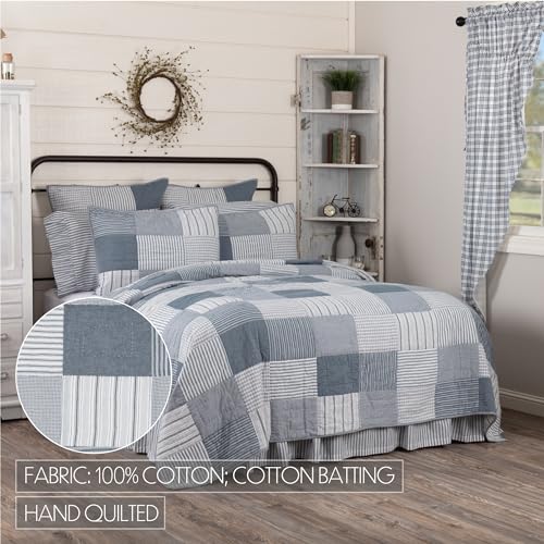 Twin Size Reversible Cotton Patchwork Quilt - Blue Farmhouse Design
