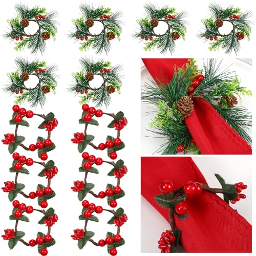 Geiserailie 12 Pcs Christmas Napkin Ring Holders, Wreath Style, Green Red (Green Leaves & Red Fruit)