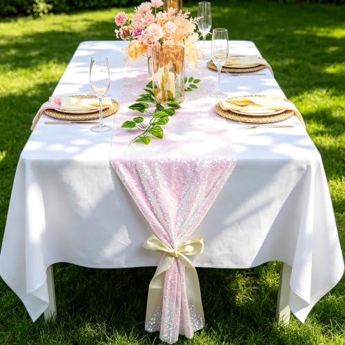 ShinyBeauty Iridescent White Sequin Table Runner 12x108 Inches 2-Pack for Weddings & Events