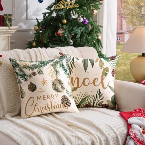 YOSICHY Christmas Pillow Covers 20x20 Set of 4 Green Linen Xmas Decor - Hidden Zipper