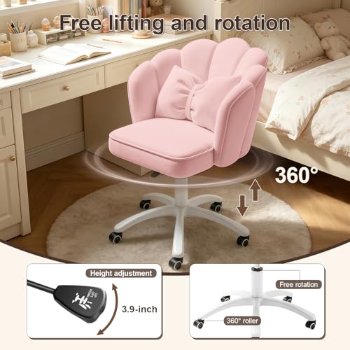 Velvet Petal Desk Chair with Bow Cushion and Swivel Wheels