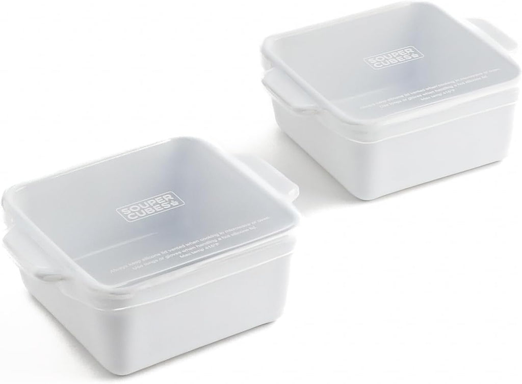 Souper Cubes Stoneware Baking Dishes - Premium Mini Ceramic 5" x 5" Oven Dishes with Silicone Covers, Set of 2 - White
