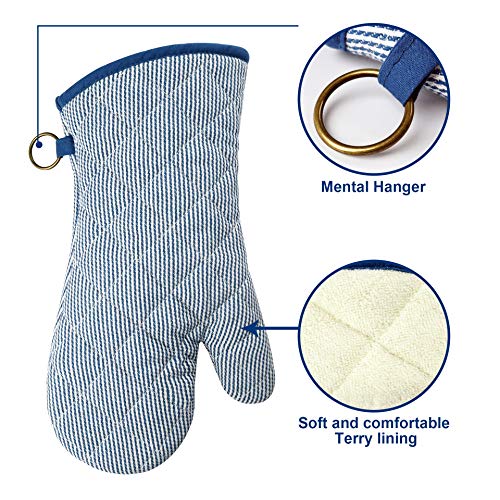 Extra-Long Cotton Oven Mitts, Heat Resistant 470°F - 1 Pair Blue Striped