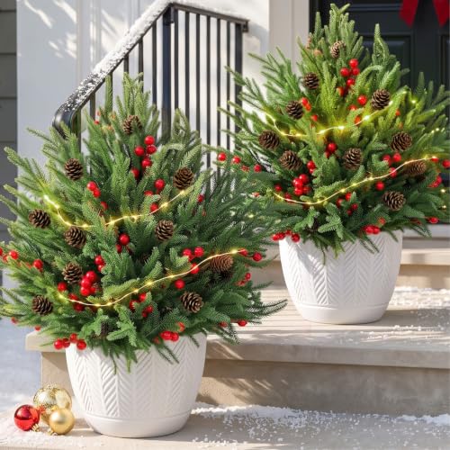 Auihiay 24Pcs Outdoor Faux Christmas Pine Branches with Warm White LED Lights - Green