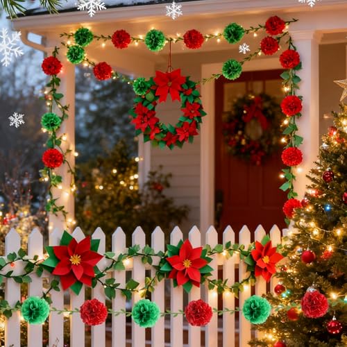 Red Tissue Paper Pom Pom Garland for Christmas & Events - 2 Pack, 16.4ft