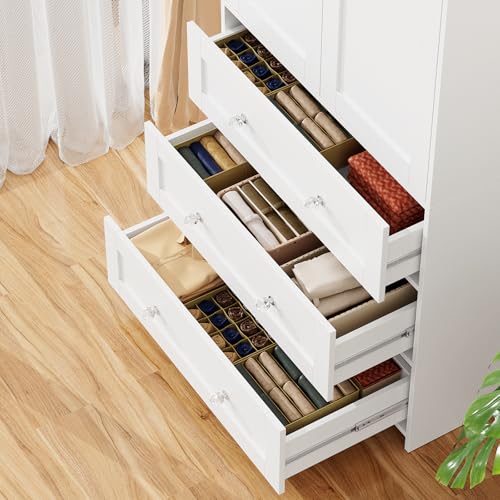 71-Inch Tall Bedroom Wardrobe Closet with Mirror, Drawers, and Hanging Rod