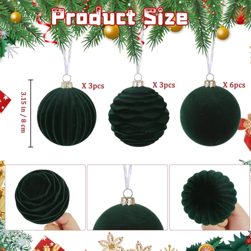 Rzoukler Green Velvet Christmas Ornaments Set 12pcs - 3.15 Inch Holiday Decor