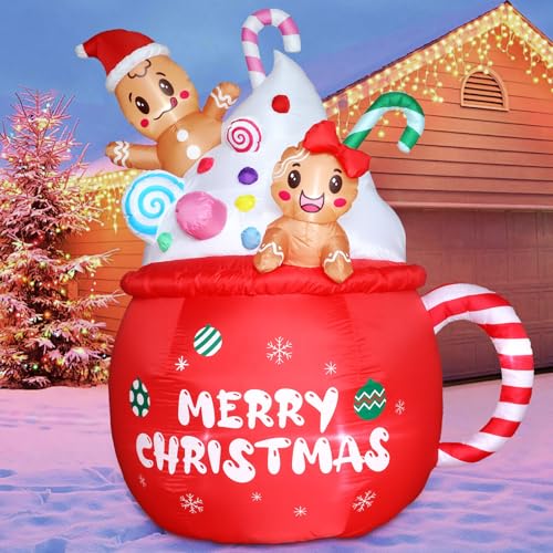 6FT Christmas Gingerbread Inflatable with LED Lights Hot Cocoa Mug & Candy Cane Yard Decor