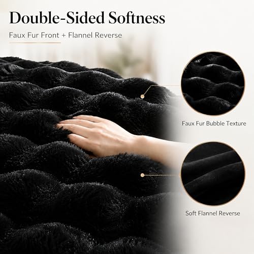 Queen Faux Fur Comforter Set - Soft Fluffy Black Bedding (3-Piece)