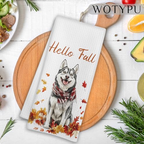 WOTYPU Husky-3 Fall Kitchen Towels, Dog & Maple Leaf Design, 16x24 Inch