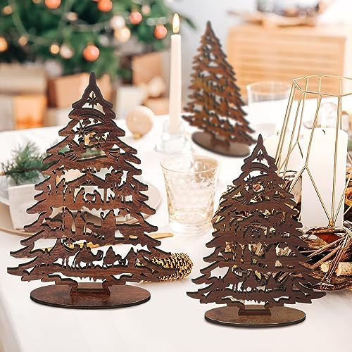 3-Piece Wooden Nativity Scene Tree Set - Rustic Tabletop Holiday Decor