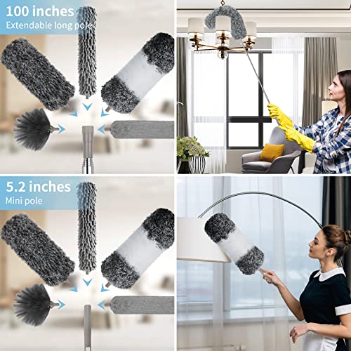 Extendable Microfiber Duster Set with 100-Inch Pole for High Ceilings & Fans