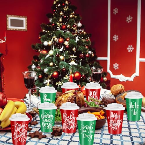 Christmas Reusable Cups with Lids 12oz - Set of 10, Red & Green, Holiday Theme