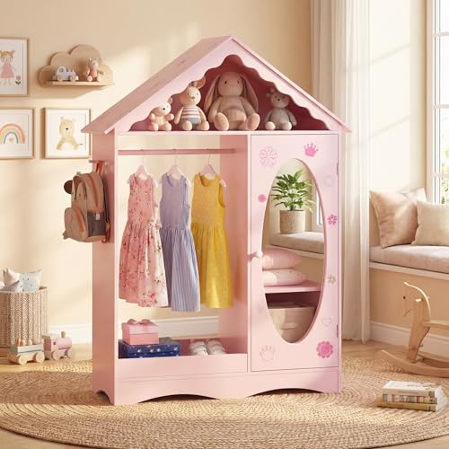 Kids Dress Up Storage Wardrobe with Mirror, Rooftop Closet Organizer for Girls