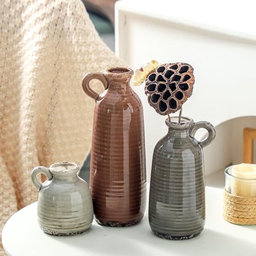 Rustic Ceramic Vases Set of 3 - Brown Boho Farmhouse Decorative Vases