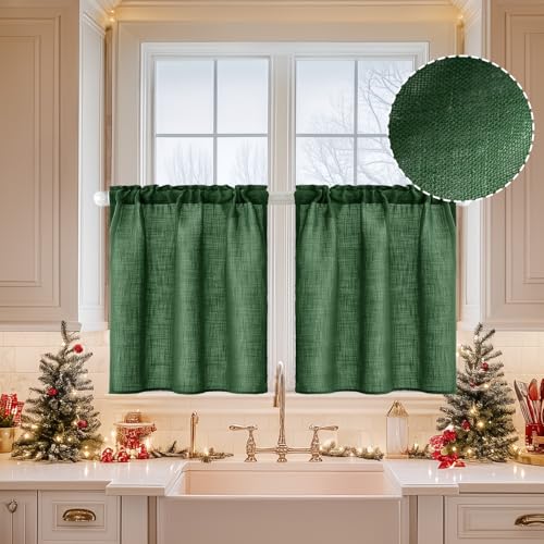 MIULEE Emerald Green 26x30 inch Linen Blend Tier Curtains, 2 Panels for Kitchen/Bathroom