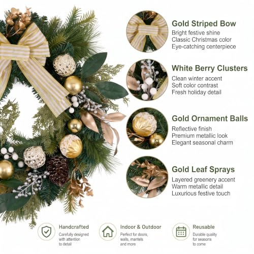 DecorbyHannah 20-Inch Modern Gold & White Prelit Christmas Door Wreath with Lights